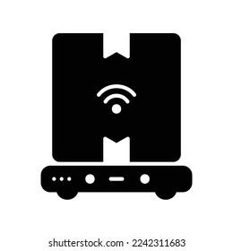 Shipping robot icon with package box in black solid style