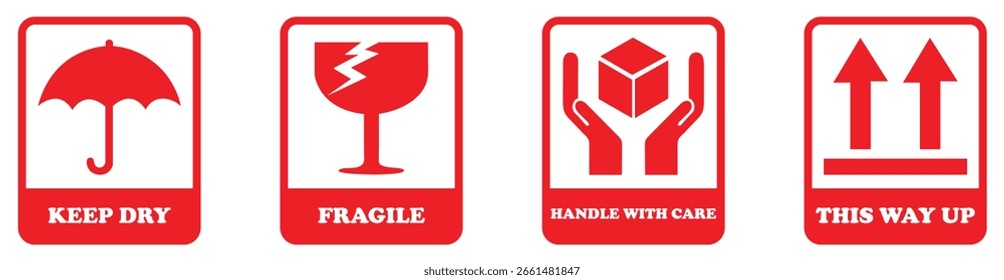 Shipping safety label set with keep dry, fragile, handle with care, and this way up symbols suitable for packaging, cartons, delivery, and transport.