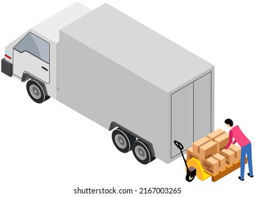 Shipping service and cargo truck, loader loading parcel package boxes, delivery van vehicle, industrial automobile, car with freight, postal logistics or warehouse courier, commercial transport