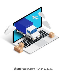 Shipping service online isometric concept with laptop, truck, plane, boxes isolated on white background. Logistic digital shopping advert 3d design. Vector illustration for web, banner, ui, mobile app