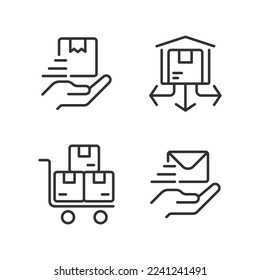 Shipping service pixel perfect linear icons set. Delivery and distribution of goods. Send parcel, letter. Customizable thin line symbols. Isolated vector outline illustrations. Editable stroke