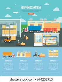 Shipping services and retail distribution poster. Freight trucking service, warehousing, storage logistics and management. Goods delivery infographics, business vector illustration in flat style.