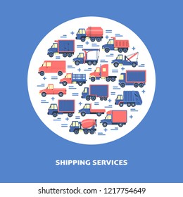 Shipping services round concept with different types of trucks in flat style.