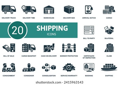 Shipping set. Creative icons: delivery truck, delivery time, warehouse, delivery box, arrival notice, cargo, bill to party, bilateral, bill of sale, cargo manifest, cash on delivery and more