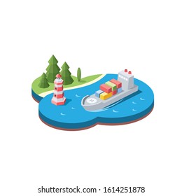 Shipping, Ship, forest, lighthouse. Vector 3d isometric, color web icon, new flat style. Creative illustration design, idea for infographics.