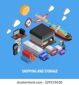 Shipping and storage isometric concept with sea air and land delivery warehouse and equipment vector illustration