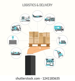 Shipping storage logistics and Delivery Concept infographics with Two Color flat Icons and hand with cargo. Isolated vector illustration.