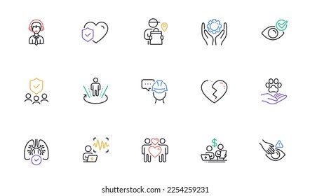 Shipping support, Delivery man and Lungs line icons for website, printing. Collection of Foreman, Voice wave, Augmented reality icons. Dont touch, Budget accounting, Employee hand web elements. Vector