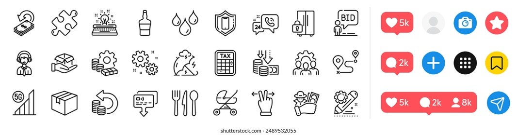 Shipping support, Scotch bottle and Smartphone protection line icons pack. Social media icons. Tax calculator, Fraud, Puzzle web icon. Typewriter, Food, Touchscreen gesture pictogram. Vector