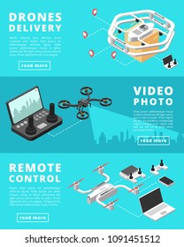 Shipping, surveillance, control with unmanned drones. Vector remote control banner, multicopter and quadcopter video photo illustration