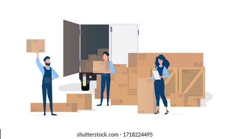 Shipping team. Movers with boxes. The girl with the list. Element for design on the theme of moving, transportation and delivery of goods. Isolated. Vector.