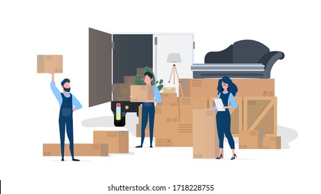 Shipping team. Movers with boxes. The girl with the list. Element for design on the theme of moving, transportation and delivery of goods. Isolated. Vector.