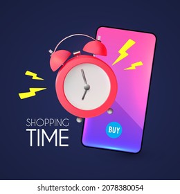 Shipping time. Online marketing concept with shining smartphone and ringing alarm clock.