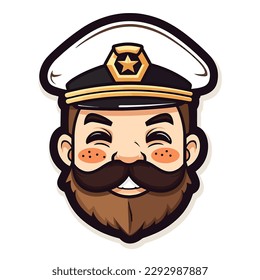 Shipping of tourists, cars and containers. Captain of the transport ship. The man with the beard. Cartoon vector illustration. label, sticker, t-shirt printing