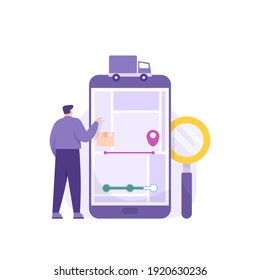 a shipping tracking concept, delivery service technology. illustration of a male user looking at the map to find out or track the location of the package ordered. flat style. vector design