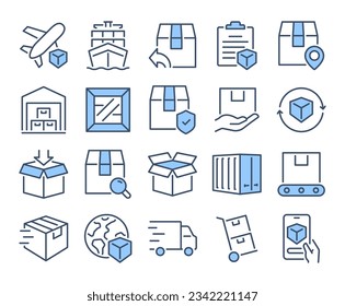 Shipping, tracking, and delivery blue editable stroke outline icons set isolated on white background flat vector illustration. Pixel perfect. 64 x 64.