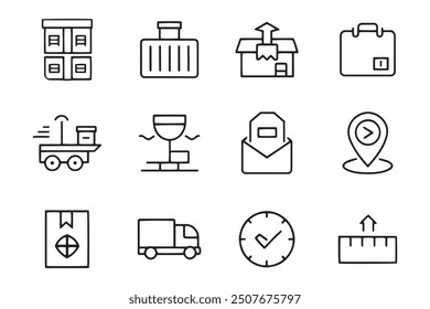 Shipping, tracking and delivery concept related black stroke outline icons set isolated on white background flat vector illustration