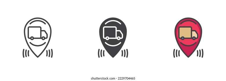 Shipping tracking different style icon set. Line, glyph and filled outline colorful version, map pointer with truck outline and filled vector sign. Symbol, logo illustration. Vector graphics