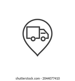 Shipping tracking line icon. linear style sign for mobile concept and web design. Map pointer with truck outline vector icon. Symbol, logo illustration. Vector graphics