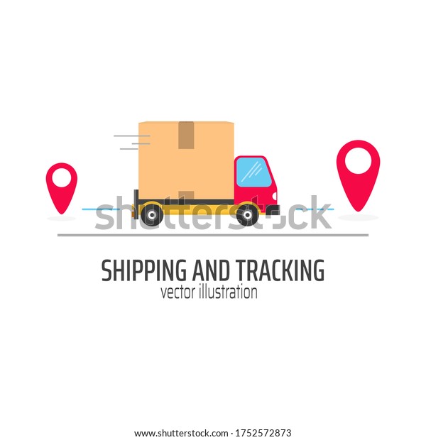 Shipping and tracking package in red truck\
vector illustration. Transportation of delivery flat style. Truck\
with location symbol. Distribution concept. Isolated on white\
background