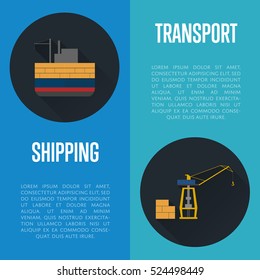 Shipping and transport banners with cargo ship vector illustration. Freight crane and cargo vessel icons. Industrial freight harbor, container terminal, transportation and logistics, maritime shipping
