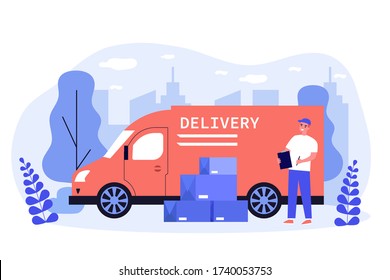 Shipping, transportation, delivery, cargo concept. Positive courier or postman standing near his truck and heap of boxes. Flat vector illustration