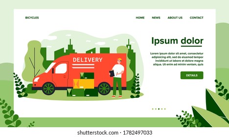 Shipping, transportation, delivery, cargo concept. Positive courier or postman standing near his truck and heap of boxes. Flat vector illustration