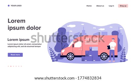 Shipping, transportation, delivery, cargo concept. Positive courier or postman standing near his truck and heap of boxes. Flat vector illustration