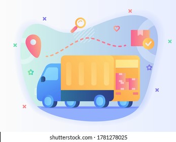 Shipping truck carry box package tracking location with flat style vector.