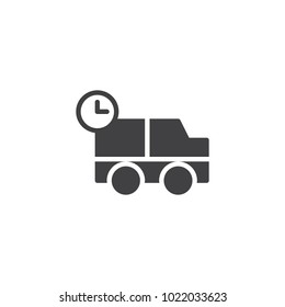 Shipping truck with clock icon vector, filled flat sign, solid pictogram isolated on white. Delivery in time service symbol, logo illustration.