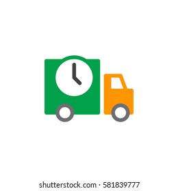 Shipping truck with clock icon vector, filled flat sign, solid colorful pictogram isolated on white. Delivery time symbol, logo illustration