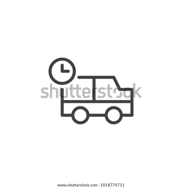 Shipping truck with clock\
line icon, outline vector sign, linear style pictogram isolated on\
white. Delivery in time service symbol, logo illustration. Editable\
stroke