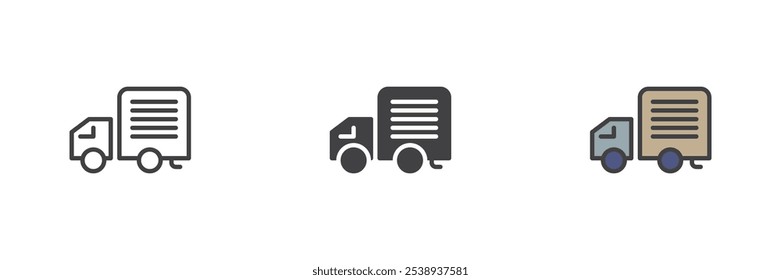 Shipping truck different style icon set. Line, glyph and filled outline colorful version, outline and filled vector sign. Delivery van symbol, logo illustration. Vector graphics