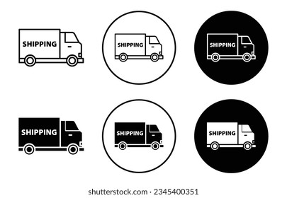 Shipping truck icon set. box distribution deliver truck pictogram. parcel fulfillment truck vector symbol in black filled and outlined style. suitable for apps and website UI designs.