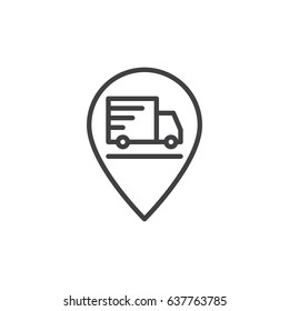 Shipping truck on map pointer line icon, outline vector sign, linear style pictogram isolated on white. Order on the way Symbol, logo illustration. Editable stroke. Pixel perfect