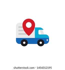 Shipping truck tracking icon design. Moving car with map pin locator illustration for courier delivery tracker symbol