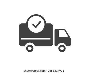 Shipping truck van check mark icon simple vector graphic illustration, freight cargo courier delivery car pictogram with check mark isolated sign symbol silhouette image, logistic vehicle approved