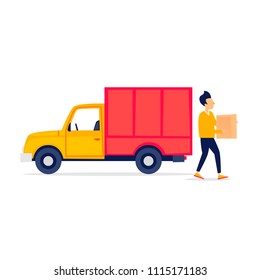 Shipping, trucking, man carries a box, truck. Flat style vector illustration