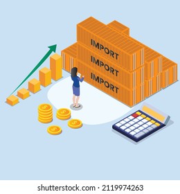 Shipping Vector Concept. Businesswoman Checking Import Shipping While Standing With Growth Finance Graph