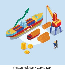 Concepto de vector de envío. Dos empresarios que miran la entrega de las importaciones mientras están con una flecha hacia arriba en el puerto