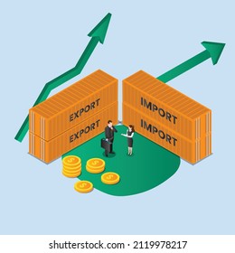 Shipping vector concept. Two business people discussing growth import and export shipping while standing with container