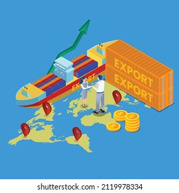 Shipping vector concept. Two business people discussing export shipping while standing on the world map