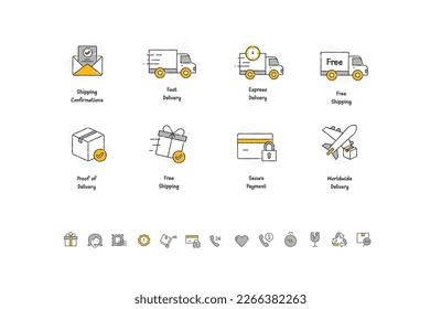 Shipping vector hand drawn orange and gray line icon, Minimalist Logistics Clip Art Bundle, Delivery  Tracking Business Vector Icons