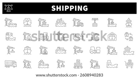 Shipping vector icons. Shipping icon set. Delivery, package, logistics, transportation, shipping related icons. Editable stroke, thin line icons set