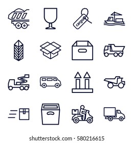 shipping vector icons. Set of 16 shipping outline icons such as van, truck, crane, cargo tag, cargo arrow up, box, delivery car, delivery bike
