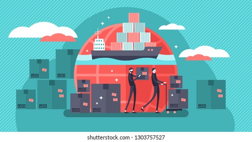 Shipping vector illustration. Flat tiny transport logistic persons concept. Delivery service by sea or ocean. Cargo, package or shipment moving industry. Industrial global trade work in harbor loading
