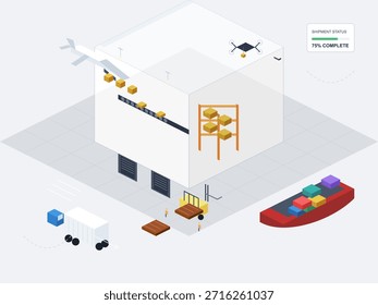 Shipping warehouse displays activity with drones, trucks, and containers in a busy logistics setting
