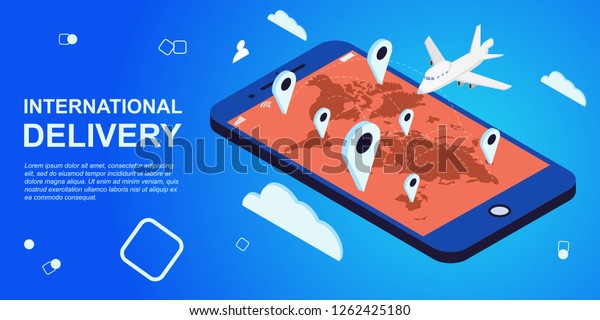 Shipping worldwide, air travel. Tourists around\
the globe. World map on a mobile phone, around flying clouds and\
symbols, flying a cargo plane. Isometric vector illustration 3d wab\
banner