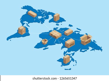 Shipping Worldwide International With Cardboard Networking On Top Of World Map Vector Illustration Isometric