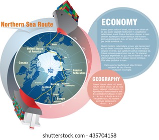 Shipping worldwide. Northern Sea Route from East to West infographic design. Vector illustration